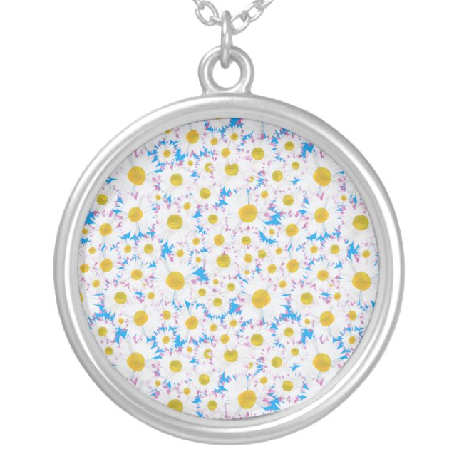 Ditzy White Daisies on Sky Blue Silver Plated Necklace (Front)