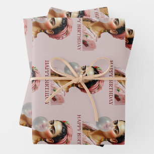 Diva blowing bubble gum Happy Birthday Wrapping Paper Sheets