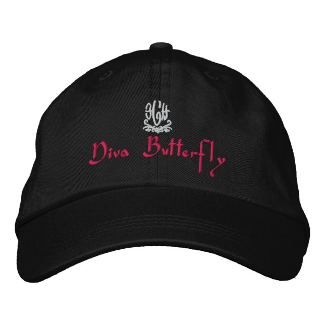 Diva Butterfly Black Embroidered Baseball Cap (Front)