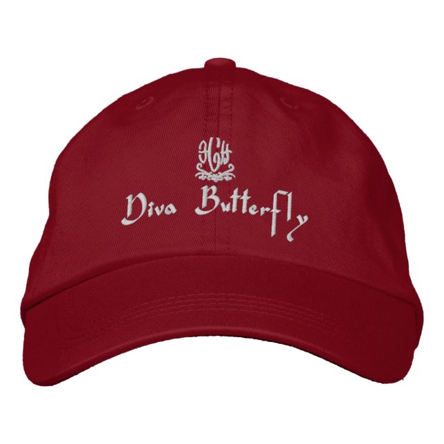 Diva Butterfly Red Embroidered Baseball Cap (Front)