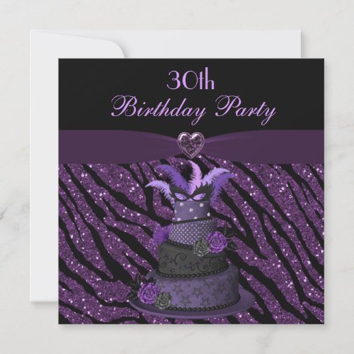 Diva Cake  Printed Zebra Glitter 30th Birthday Invitation