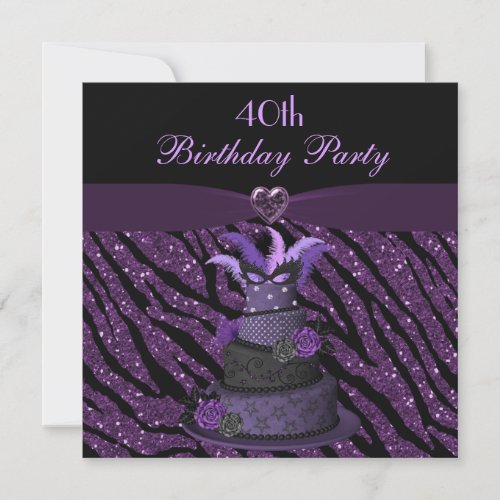 Diva Cake  Printed Zebra Glitter 40th Birthday Invitation