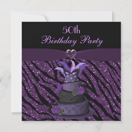 Diva Cake  Printed Zebra Glitter 50th Birthday Invitation