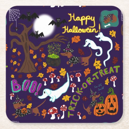 Diva Dachshunds Halloween Square Paper Coaster