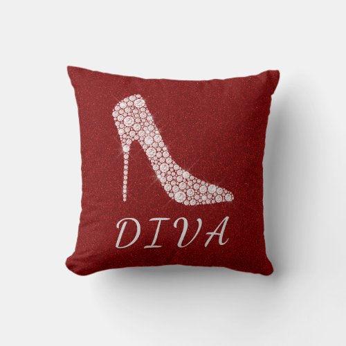 Diva Glam Glitter Diamond High Heel Shoes Red Throw Pillow