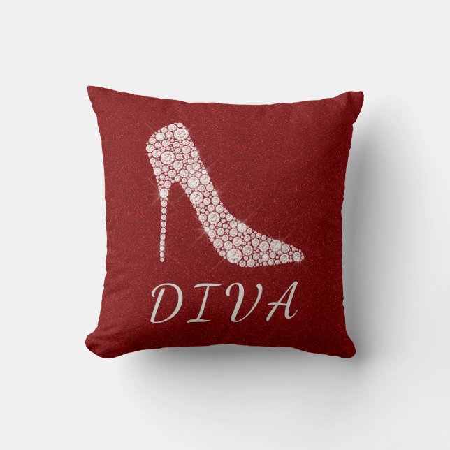 Diva Glam Glitter Diamond High Heel Shoes Red Throw Pillow (Front)