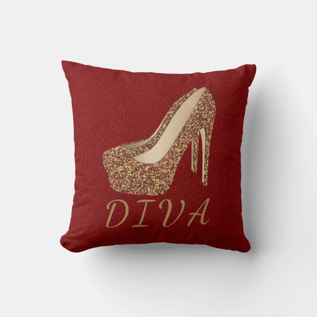 Diva Gold Glitter High Heel Shoes Bling | Glam Red Throw Pillow (Front)