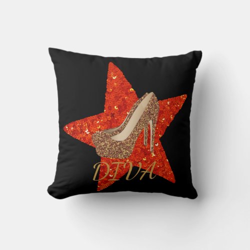 Diva Gold Glitter High Heel Shoes  Glam Red Star Throw Pillow