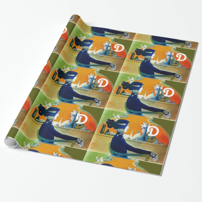 DIVA IN BLUE ,BEAUTY FASHION MONOGRAM WRAPPING PAPER (Unrolled)