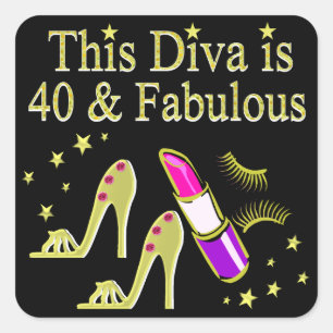 DIVA IS 40 AND FABULOUS GOLD HIGH HEEL DESIGN SQUARE STICKER