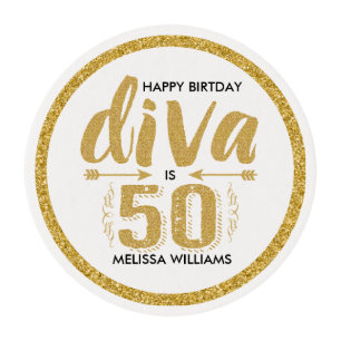 Diva Is 50 Gold Glitter & White Birthday Party Edible Frosting Rounds