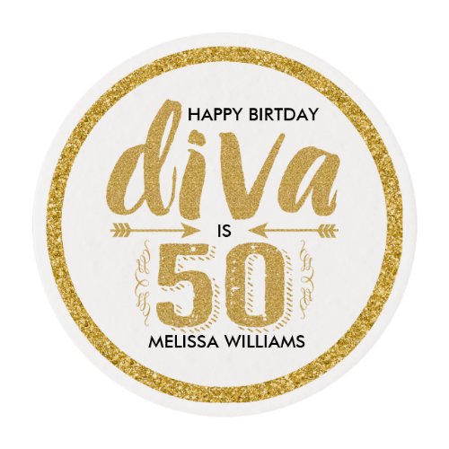 Diva Is 50 Gold Glitter  White Birthday Party Edible Frosting Rounds