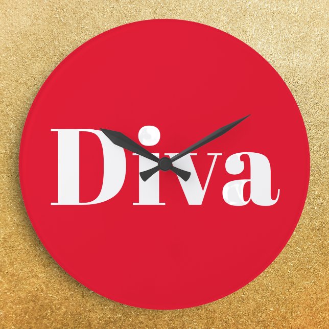 Diva Opera Singer Musical Performer Music Themed Large Clock (A stylish wall clock in bright red with 'Diva' in large white lettering)