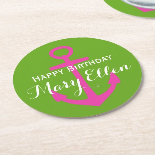 Diva Pink Anchor on Green Apple Personalized Round Paper Coaster