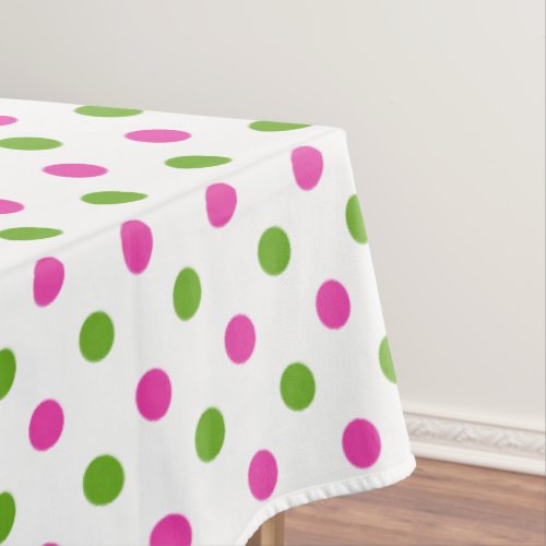 Diva Pink and Green Apple Polka Dots on White Tablecloth