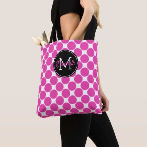 Diva Pink and White Polka Dots with Black Monogram Tote Bag