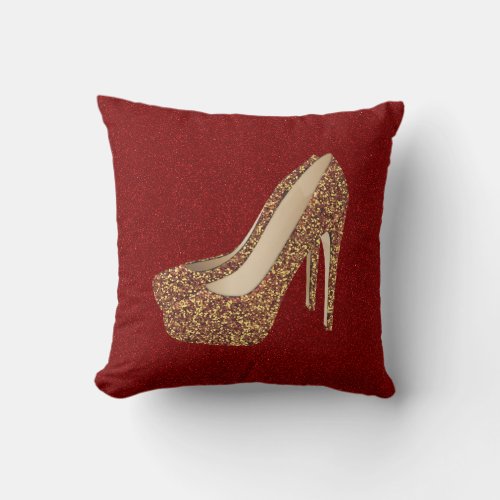 Diva Red Glitter Bling  Glam Gold High Heel Shoes Throw Pillow