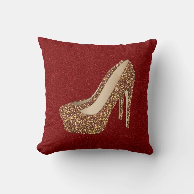 Diva Red Glitter Bling | Glam Gold High Heel Shoes Throw Pillow (Front)