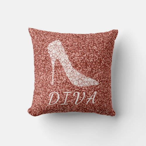 Diva Rose Gold Glitter Diamond High Heel Shoes Throw Pillow