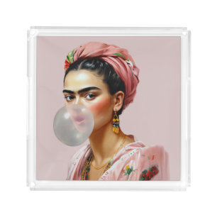 Diva with floral scarf blowing bubble gum acrylic tray