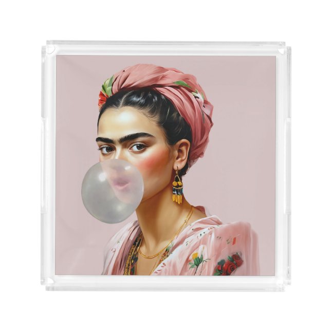 Diva with floral scarf blowing bubble gum  acrylic tray (Front)