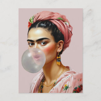 Diva with floral scarf blowing bubble gum postcard