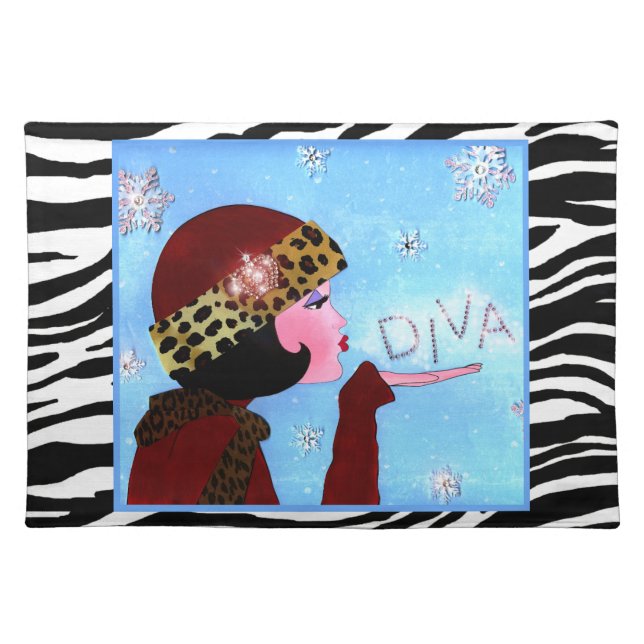 Diva With Sparkling Snowflakes Cloth Placemat (Front)
