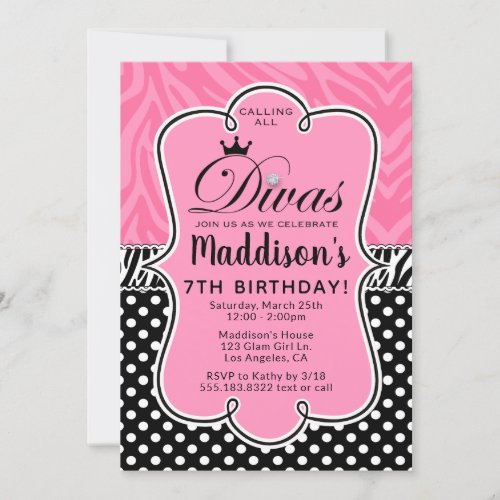 Diva Zebra Pink and Black Girls Birthday Party Invitation