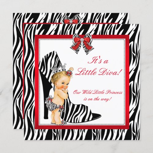Diva Zebra Princess Girl Baby Shower Blonde Invitation