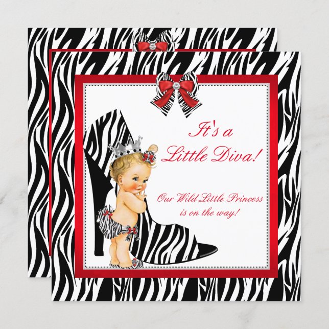 Diva Zebra Princess Girl Baby Shower Blonde Invitation (Front/Back)