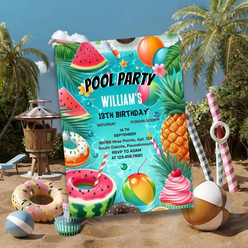 Dive boy water blue Cool Pool Party 13th Birthday Invitation