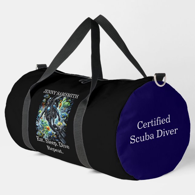 Dive Deep: Explore, Laugh, Repeat Duffle Bag (Left Corner)