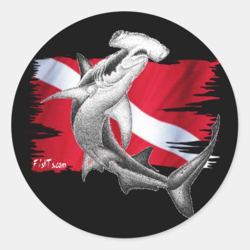 Dive flag with hammerhead shark_diver down classic round sticker