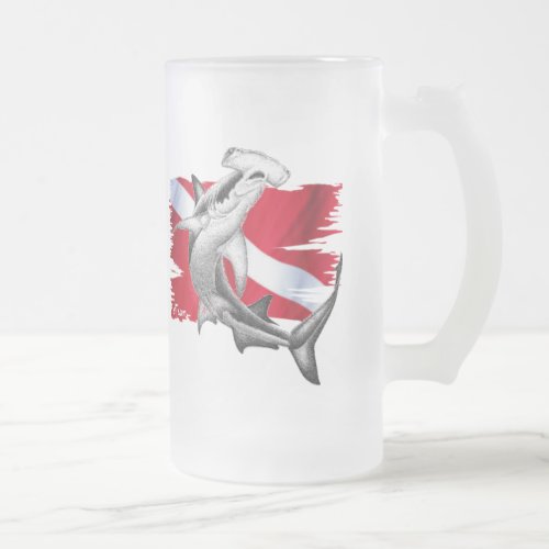 Dive flag with hammerhead shark_diver down frosted glass beer mug