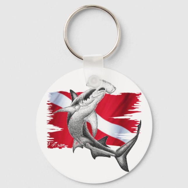 Dive flag with hammerhead shark-diver down keychain (Front)