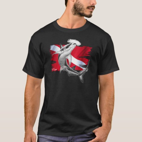 Dive flag with hammerhead shark_diver down T_Shirt