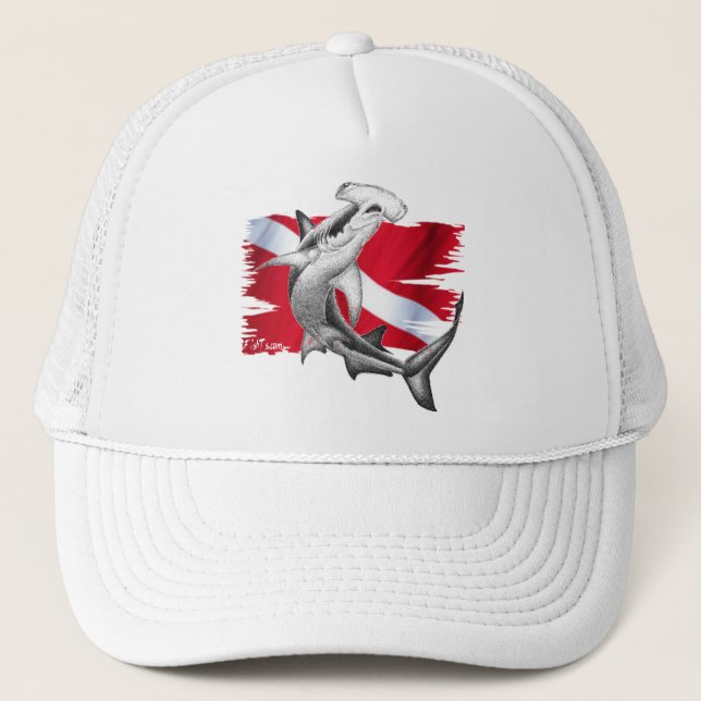 Dive flag with hammerhead shark-diver down trucker hat (Front)
