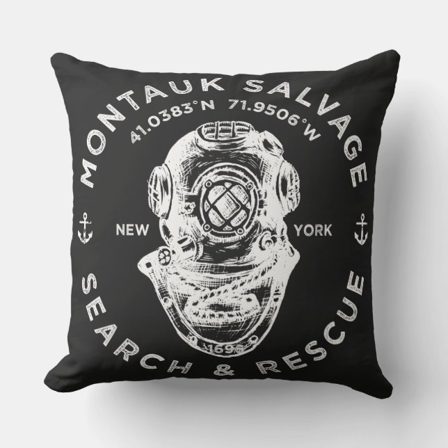 Dive Helmet Montauk Salvage Company Throw Pillow (Front)