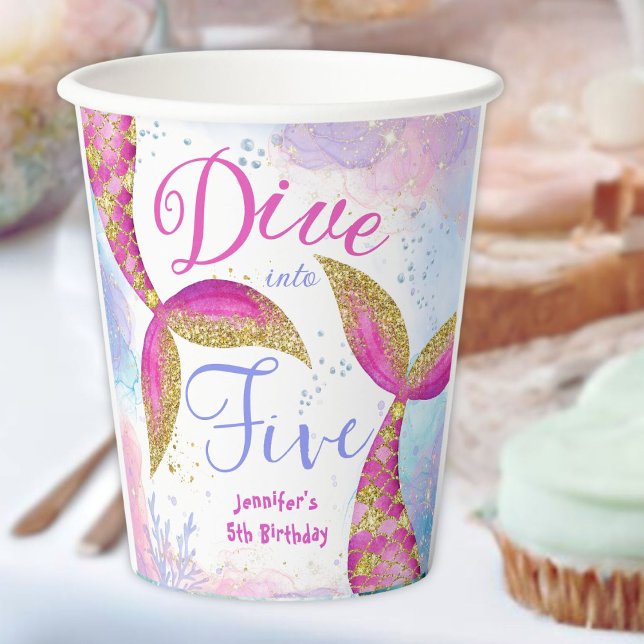 Dive in Five Girl Pink 5th Birthday Paper Cups (Creator Uploaded)