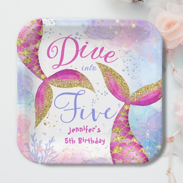 Dive in Five Girl Pink 5th Birthday Paper Plates (Creator Uploaded)