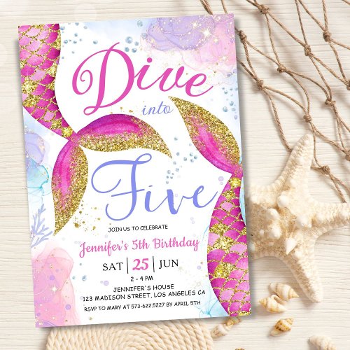 Dive in Five Girl Pink 5th Birthday Party  Invitation