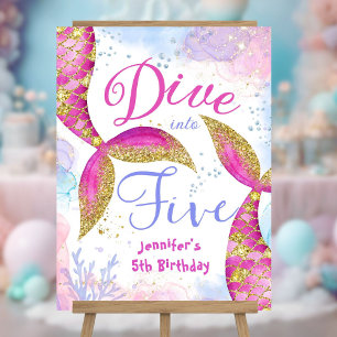 Dive in Five Girls Pink 5th Birthday Welcome Sign