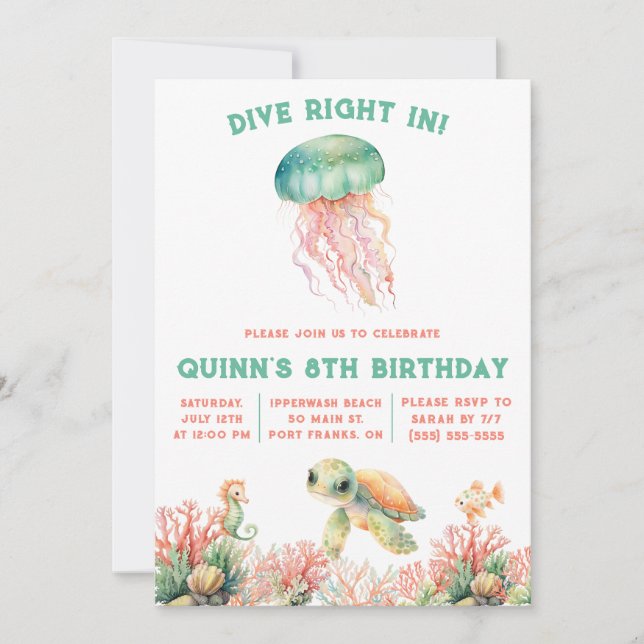 Dive In, Under the Sea, Pastel Birthday Invitation (Front)