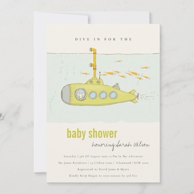 Dive In Underwater Submarine Baby Shower Invite (Front)