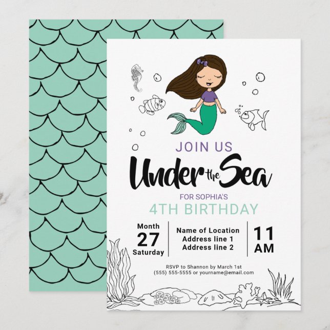 Dive In! White Mermaid Birthday Party Invitations (Front/Back)