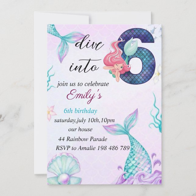 Dive into 6th Birthday Mermaid invitation (Front)
