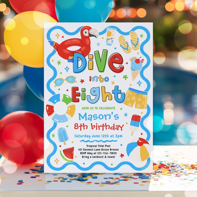Dive Into Eight Summer Pool Party 8th Birthday Invitation (Creator Uploaded)