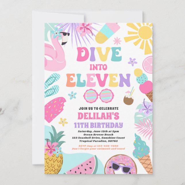 Dive Into Eleven Tropical Beach 11th Birthday  Invitation (Front)