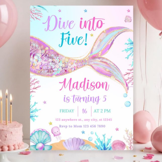 Dive into Five 5th Birthday Mermaid Invitation, Me Invitation (Creator Uploaded)