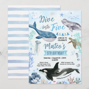 Dive into Five 5th Birthday Party Watercolor Invitation